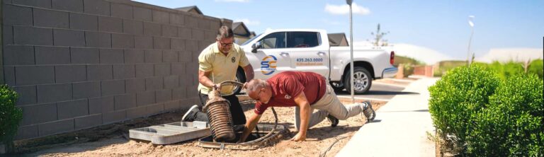 SC Broadband crews installing fiber infrastructure at a neighborhood handhole. Weston Bishop and Gary Leach inspect and prepare fiber lines at a customer site.