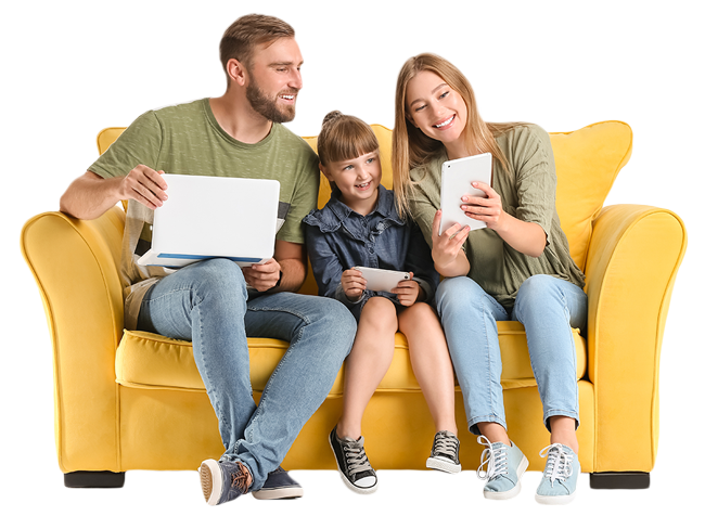 Family enjoying fast Gig Fiber Internet from SC Broadband on the couch