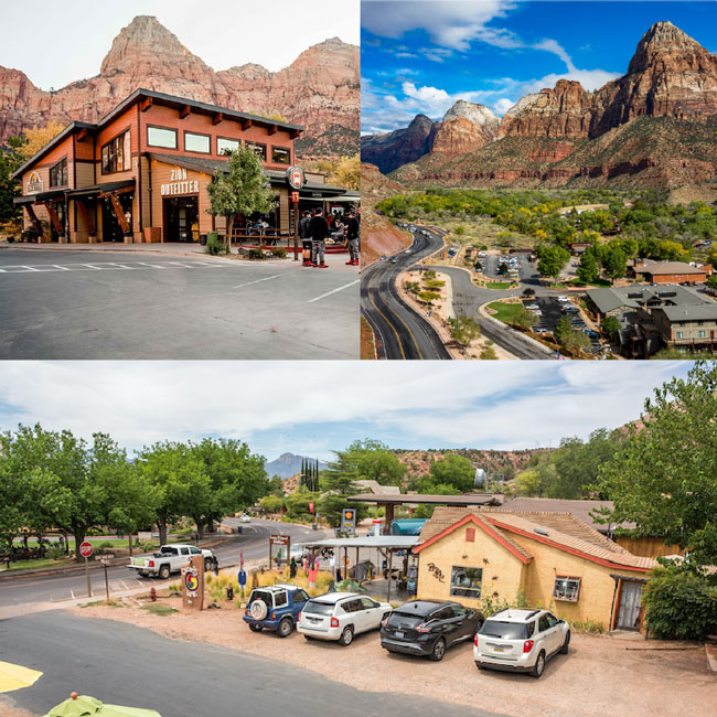 Aerial and street-level photos of Springdale, Utah, with Zion National Park cliffs and local businesses.