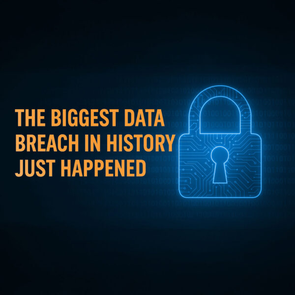 Lock icon next to bold text that reads "The Biggest Data Breach in History Just Happened" on a binary code background