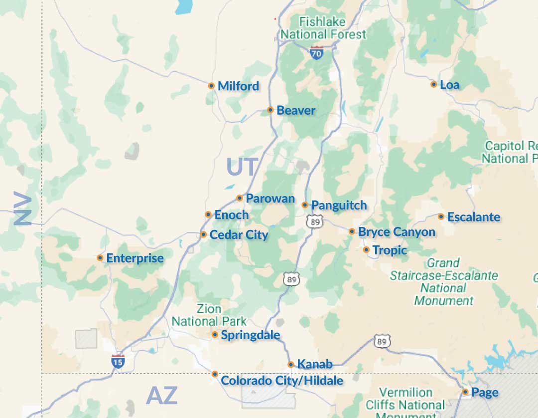 Map showing SC Network Solutions service areas across Southern Utah, including Cedar City, Parowan, Beaver, Panguitch, Escalante, Loa, Milford, Enterprise, Enoch, Springdale, and Kanab.