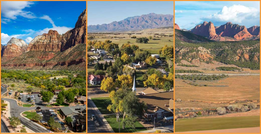 A triptych showing scenic views of Springdale, Kanarraville, and New Harmony, Utah—highlighting the beauty of the towns now served by SC Broadband fiber internet.