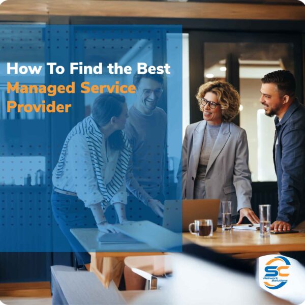 How to find the best managed service provider near me—team meeting with blue overlay; SC Network Solutions logo.