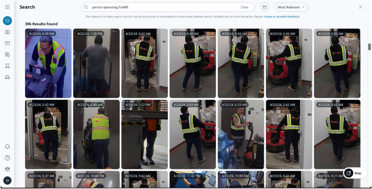Surveillance interface showing multiple workers operating forklifts, some flagged for missing safety vests, using AI detection in a distribution center.