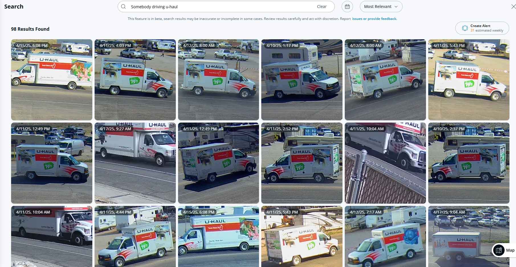 Surveillance interface showing multiple workers operating forklifts, some flagged for missing safety vests, using AI detection in a distribution center.