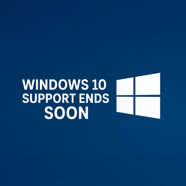 Windows 10 support ends soon notice with Windows logo on blue background, warning businesses to prepare for upgrade before October 14, 2025.