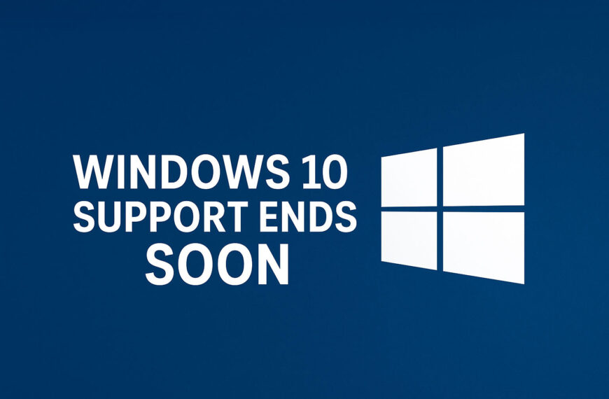Windows 10 support ends soon notice with Windows logo on blue background, warning businesses to prepare for upgrade before October 14, 2025.