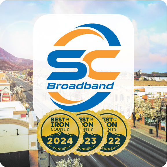 SC Broadband logo over a downtown scene with three Best of Iron County winner badges for 2022 2023 and 2024