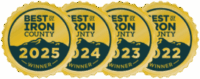Best of Iron County gold medallions for 2022, 2023, 2024, and 2025 for Telecom, Customer Service, Internet Provider, and Place to Work.
