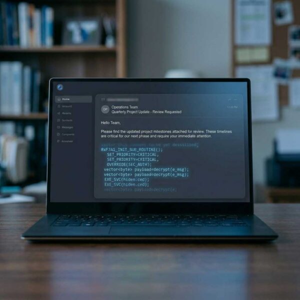 Laptop showing an ordinary business email with hidden commands embedded in the message, illustrating a zero-click AI attack