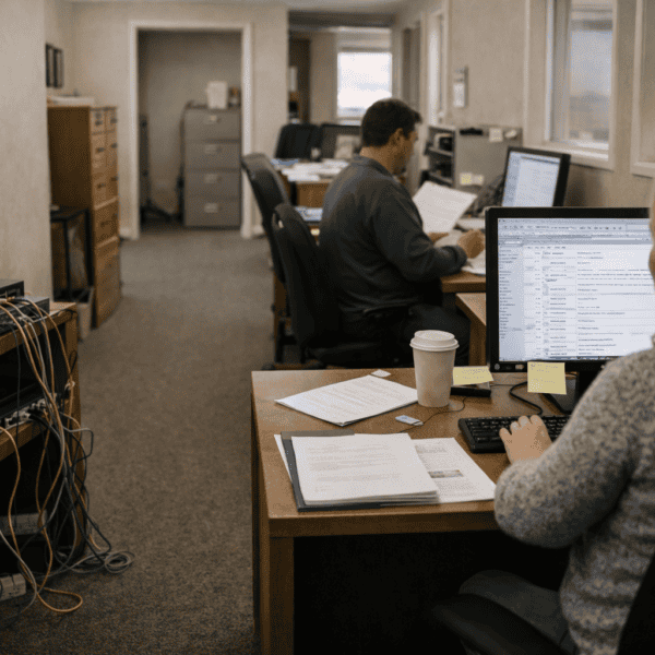 Small business office in Cedar City Utah with employees working and exposed network equipment and cables visible in everyday workspace