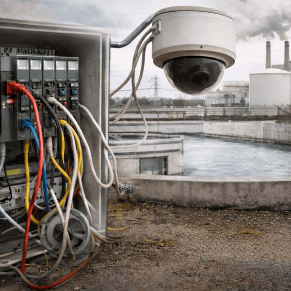 Open industrial control panel with networked PLCs and exposed cabling beside a water treatment facility, representing unsecured internet-connected systems