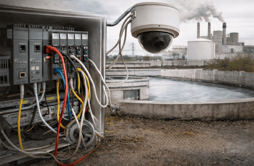 Open industrial control panel with networked PLCs and exposed cabling beside a water treatment facility, representing unsecured internet-connected systems
