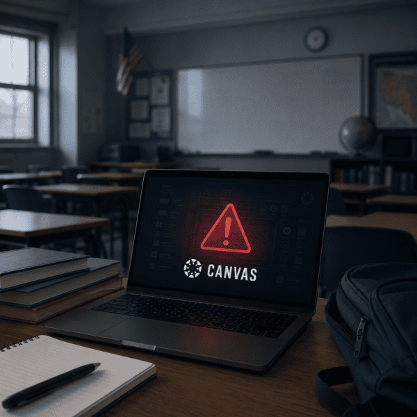 Laptop in a darkened classroom displaying the Canvas platform with a red security warning over the screen