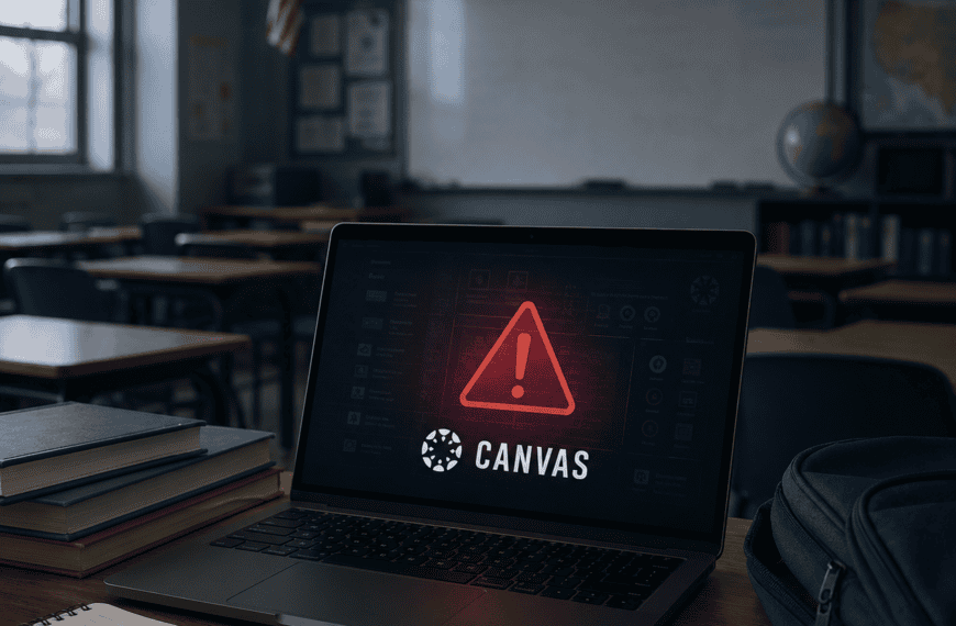 Laptop in a darkened classroom displaying the Canvas platform with a red security warning over the screen