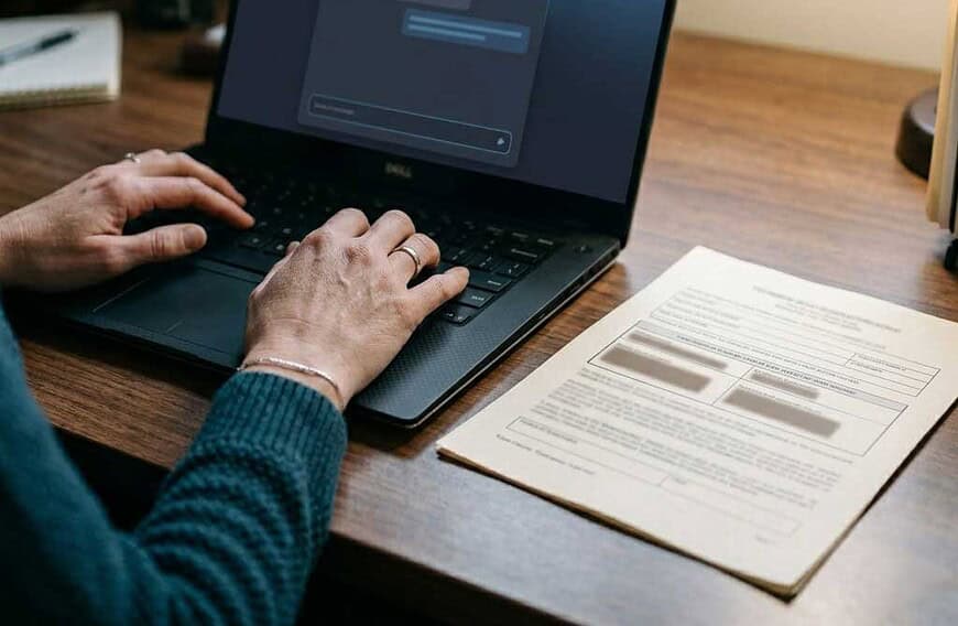 Hands typing a personal document into an AI chat window on a laptop, sensitive fields visible on screen